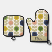 Retro Groovy Summer Flowers Stems Ovenwant & Pannenlap Set (Voorkant)