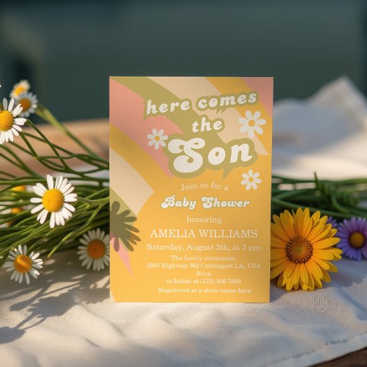 Retro Groovy Sunshine Baby shower Boy Kaart