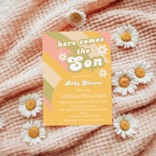 Retro Groovy Sunshine Baby shower Boy Kaart