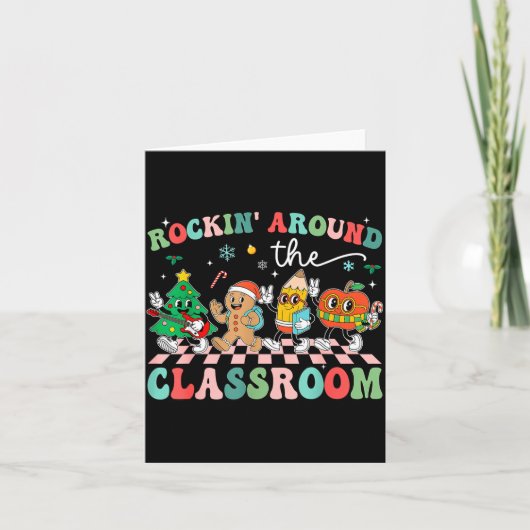 Retro Groovy Teacher Christmas Rockin' Around The  Kaart (Voorkant)