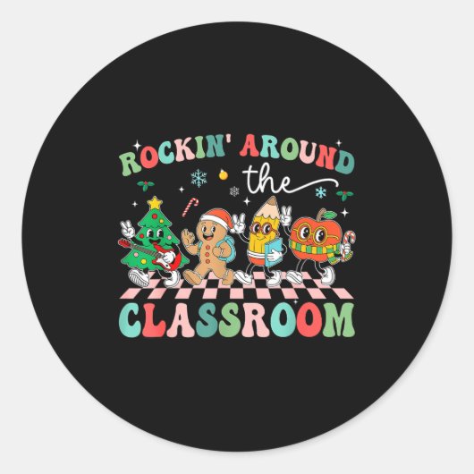 Retro Groovy Teacher Christmas Rockin' Around The  Ronde Sticker (Voorkant)