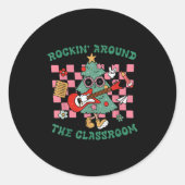 Retro Groovy Teacher Christmas Rockin' Around The Ronde Sticker (Voorkant)