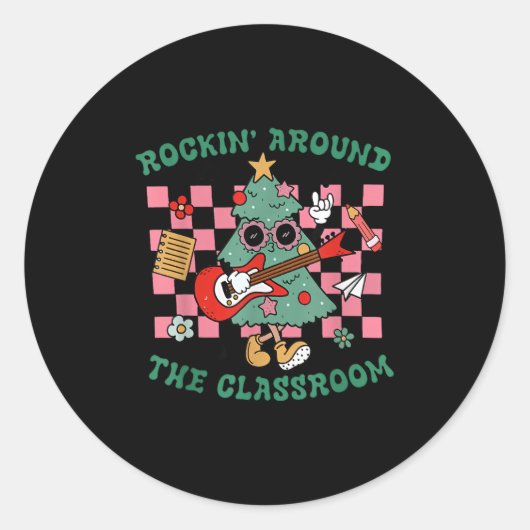 Retro Groovy Teacher Christmas Rockin' Around The  Ronde Sticker (Voorkant)