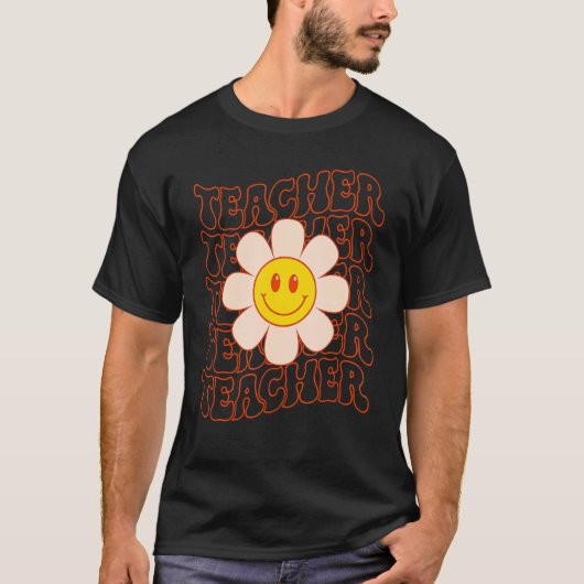 Retro Groovy Teacher Happy Face Cute Daisy Flower T-shirt (Voorkant)