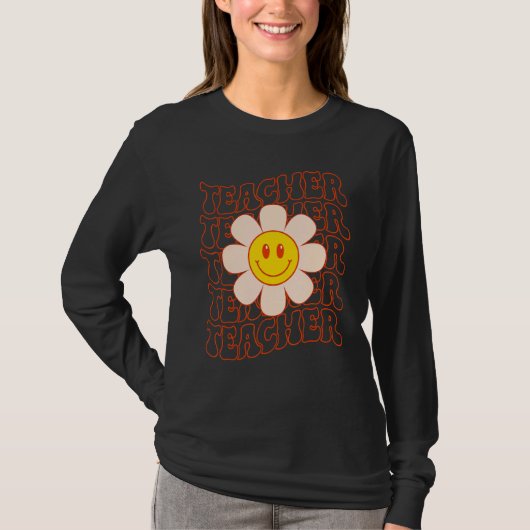 Retro Groovy Teacher Happy Face Cute Daisy Flower  T-shirt (Voorkant)