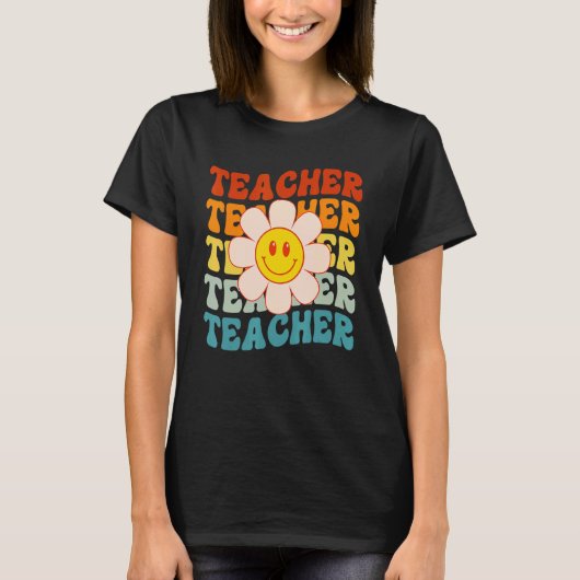 Retro Groovy Teacher Happy Face Cute Daisy Flower  T-shirt (Voorkant)