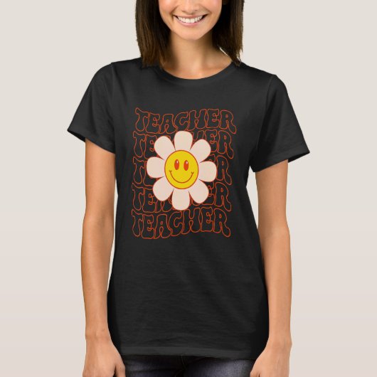 Retro Groovy Teacher Happy Face Cute Daisy Flower  T-shirt (Voorkant)