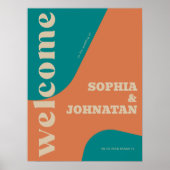 Retro groovy teal beige typography welcome wedding poster (Voorkant)