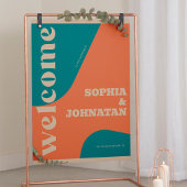 Retro groovy teal beige typography welcome wedding poster