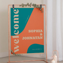 Retro groovy teal beige typography welcome wedding poster