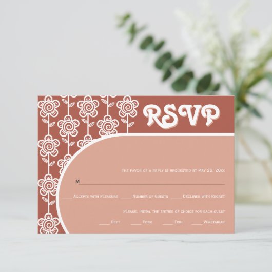 Retro groovy terracotta 70s bruiloft RSVP (Staand voorkant)