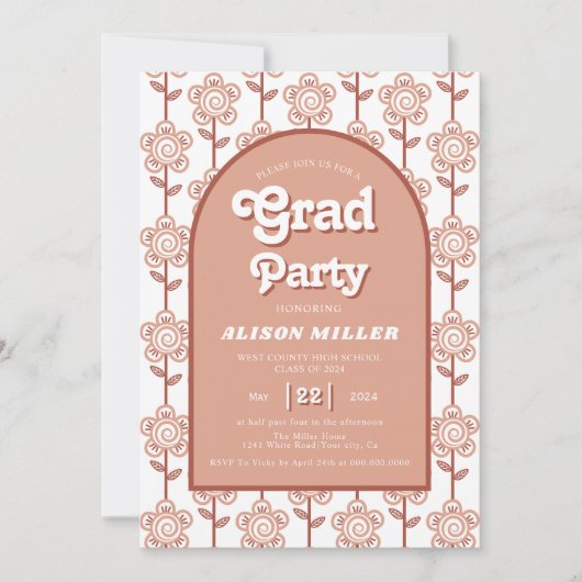 Retro groovy terracotta bloemen 70s Afstuderen Kaart (Voorkant)