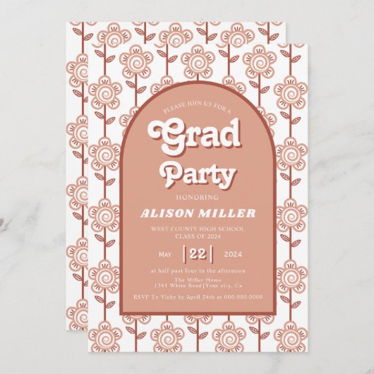 Retro groovy terracotta bloemen 70s Afstuderen Kaart (Voorkant / Achterkant)