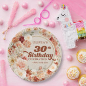 Retro groovy terracotta blush bloemen 30 verjaarda papieren bordje (Feest)
