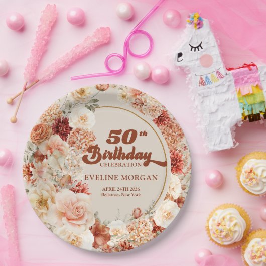 Retro groovy terracotta bordeaux 50e verjaardag papieren bordje (Feest)