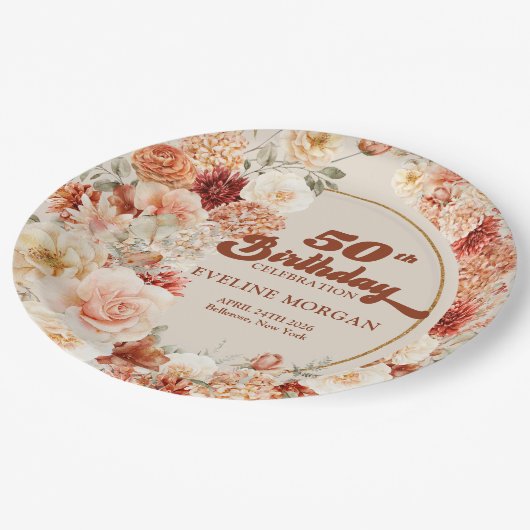 Retro groovy terracotta bordeaux 50e verjaardag papieren bordje (Gekanteld)