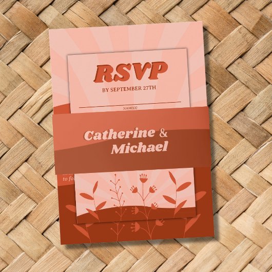 Retro Groovy Terracotta en Oranje Boho Wedding Uitnodigingen Wikkel