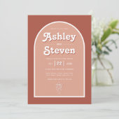 Retro groovy terracotta jaren 70 geïnspireerd huwe kaart (Staand voorkant)