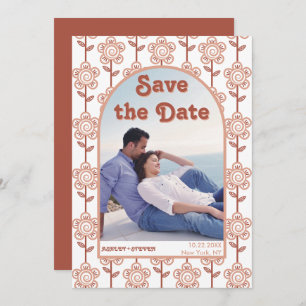 Retro groovy terracotta jaren 70 geïnspireerd huwe save the date