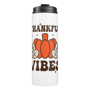 Retro Groovy Thankful Vibes Turkey Herfst Thanksgi Thermosbeker