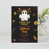 retro groovy trick or treat halloween feesttijd kaart (Staand voorkant)