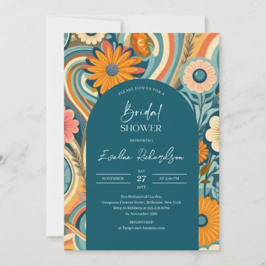 Retro groovy turquoise boho arch sinaasappel roze kaart (Voorkant)