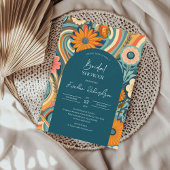 Retro groovy turquoise boho arch sinaasappel roze kaart