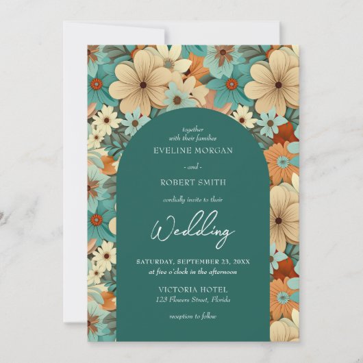 Retro groovy turquoise crème bord sinaasappel kaart (Voorkant)