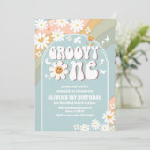 Retro Groovy Uitnodiging voor Eerste Verjaardag (Staand voorkant)