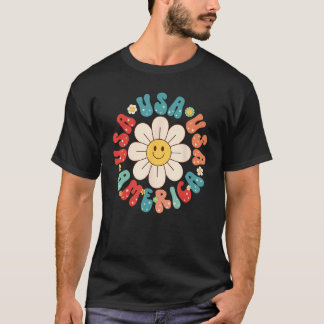 Retro Groovy USA Amerika Hippie Bloem Patriottisch T-shirt