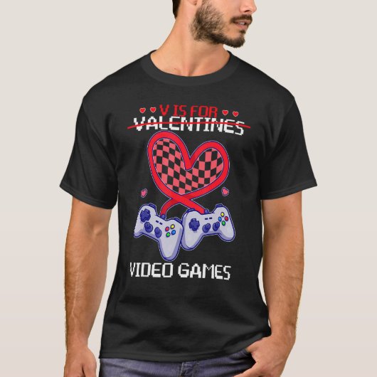 Retro groovy V is voor Video Games Valentijnsdag G T-shirt (Voorkant)