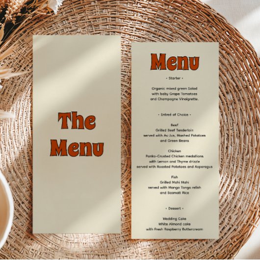 Retro Groovy Verbrand Oranje Bruiloft Menu