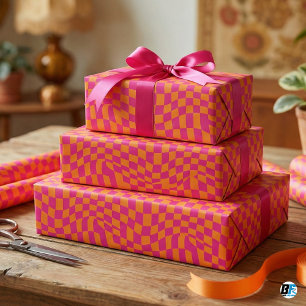 Retro Groovy Vervormd Schaakbord Heet Roze Oranje Cadeaupapier