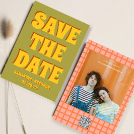 Retro Groovy Vet & Fel Boho Bruiloft Qr Code  Save The Date