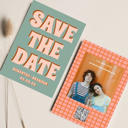 Retro Groovy Vet & Fel Boho Huwelijk Qr Code Save The Date