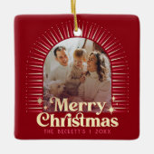Retro Groovy Vrolijk Kerstfeest Familiefoto Keramisch Ornament (Voorkant)