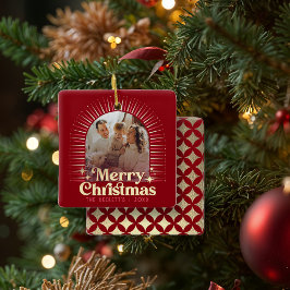 Retro Groovy Vrolijk Kerstfeest Familiefoto Keramisch Ornament