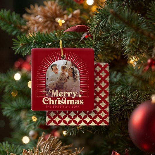 Retro Groovy Vrolijk Kerstfeest Familiefoto Keramisch Ornament