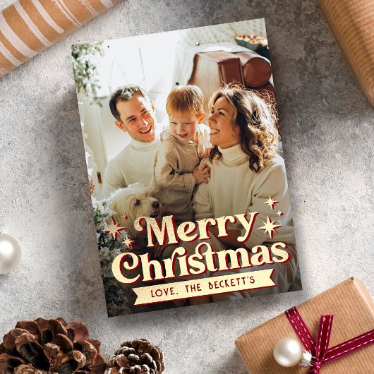 Retro Groovy Vrolijk Kerstfeest Foto Vakantie Kaar Feestdagenkaart