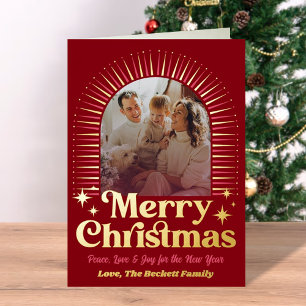Retro Groovy Vrolijke Kerstfoto Echte Folie Feestdagenkaart