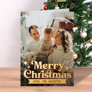 Retro Groovy Vrolijke Kerstfoto Echte Folie Feestdagenkaart