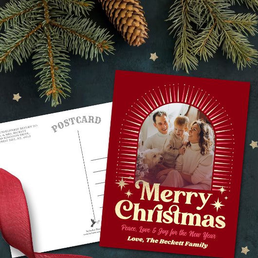 Retro Groovy Vrolijke Kerstfoto Feestdagenkaart