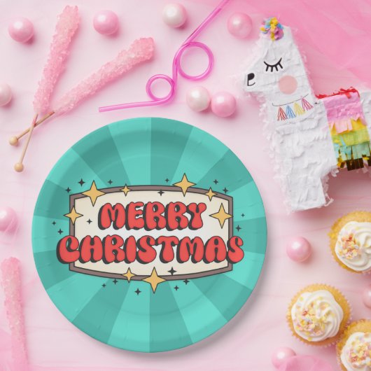 Retro groovy vrolijke kersttekst papieren bordje (Feest)