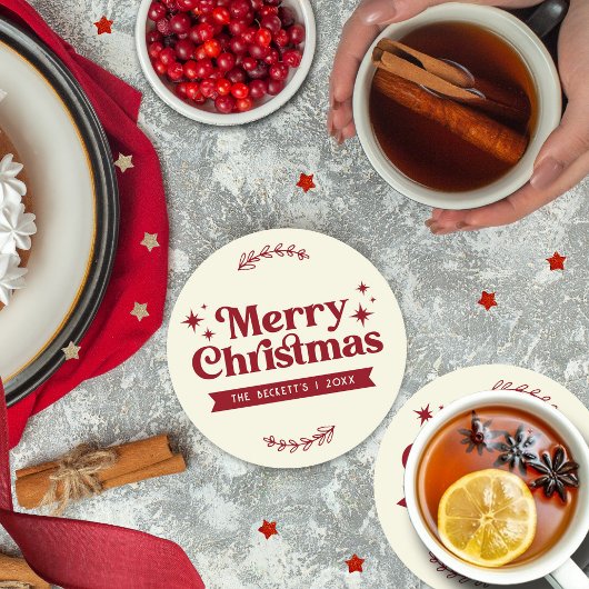 Retro Groovy Vrolijke Kerstvakantie Ronde Kartonnen Onderzetter