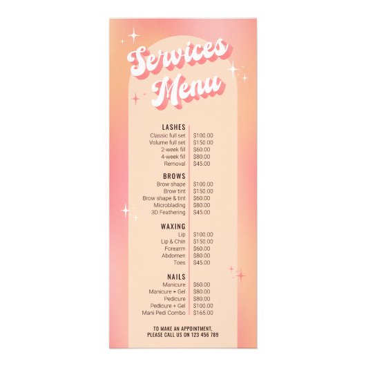 Retro Groovy Vrouwelijke Roze Salon prijslijst Men Reclamekaart (Voorkant)