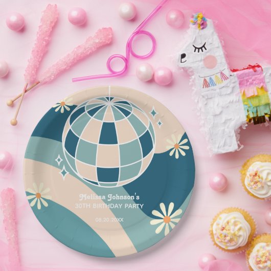 Retro Groovy Wave Disco Ball Daisy Green Verjaarda Papieren Bordje (Feest)