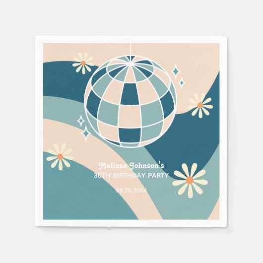 Retro Groovy Wave Disco Ball Daisy Green Verjaarda Servet (Voorkant)