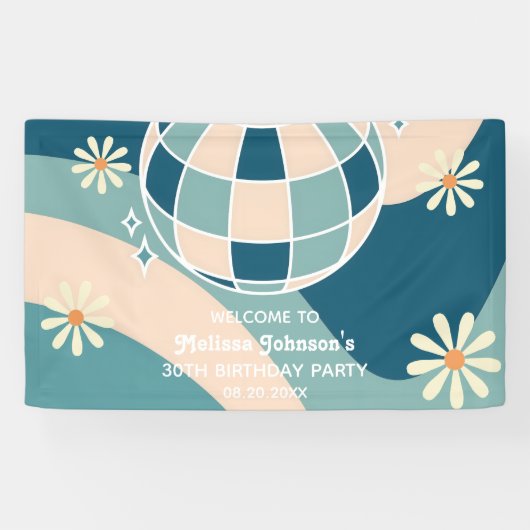 Retro Groovy Wave Disco Ball Daisy Green Verjaarda Spandoek (Horizontaal)