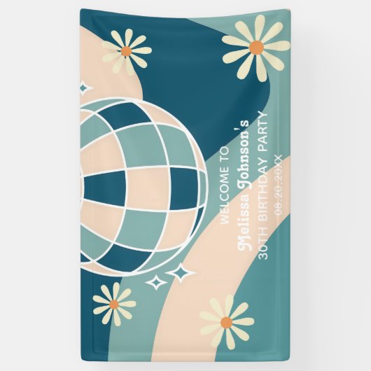 Retro Groovy Wave Disco Ball Daisy Green Verjaarda Spandoek (Verticaal)