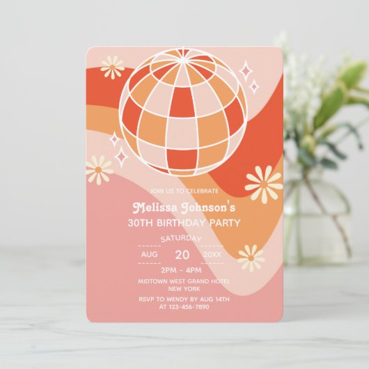 Retro Groovy Wave Disco Ball Daisy Roze Verjaardag Kaart (Staand voorkant)